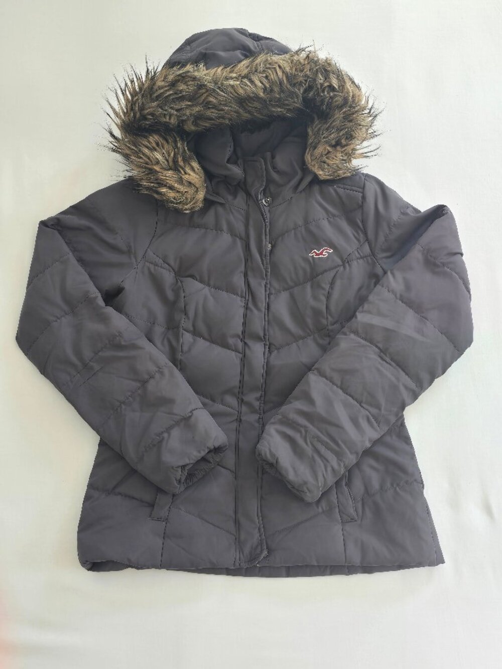 Hollister Gray Winter Down Puffer Jacket Coat with Faux Fur Trim Hood Size M